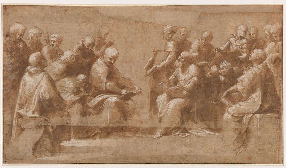 Raphaël, Étude pour la Dispute du Saint Sacrement : vingt clercs et ecclésiastiques discutant. © RMN-Grand Palais Domaine de Chantilly / Gérard Blot