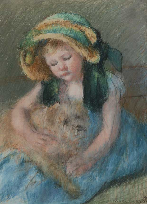 Mary Cassatt, Sara au bonnet avec son chien, vers 1901, pastel sur papier, 57,5 x 43,4 cm 104,5 x 88,5 cm ©Galerie Bailly