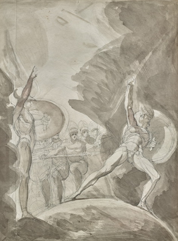 Henry Fuseli, La Psychostasie d’Achille et Memnon, lavis gris, bruns et roses sur crayon, 478 x 330 mm ©galerie Eric Coatalem