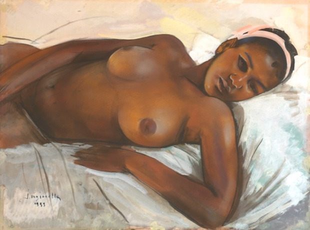 Jacques Majorelle, Rêverie, 1955, technique mixte sur papier, réhauts de poudre d’or, 54 x 72,5 cm, galerie Ary Jan.