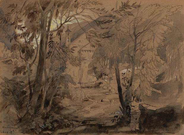 John Ruskin, Macugnaga (au pied du Mont Rose), 1845, plume et encre brune, aquarelle, gouache et crayon sur papier vélin, 16,5 x 22,5 cm ©Galerie Grand-Rue