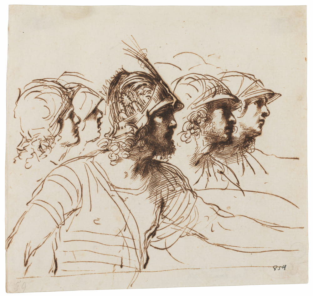 Giovanni Francesco BARBIERI, dit Il GUERCINO, Cinq études d’un guerrier portant un casque 