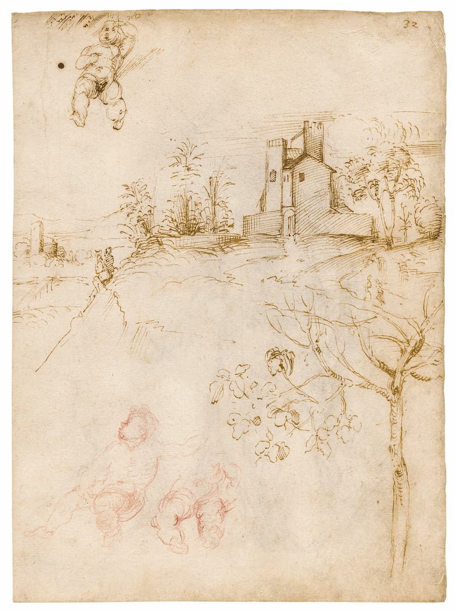 Giovanni Antonio BAZZI dit LE SODOMA, Un paysage, une étude d’arbre et trois putti