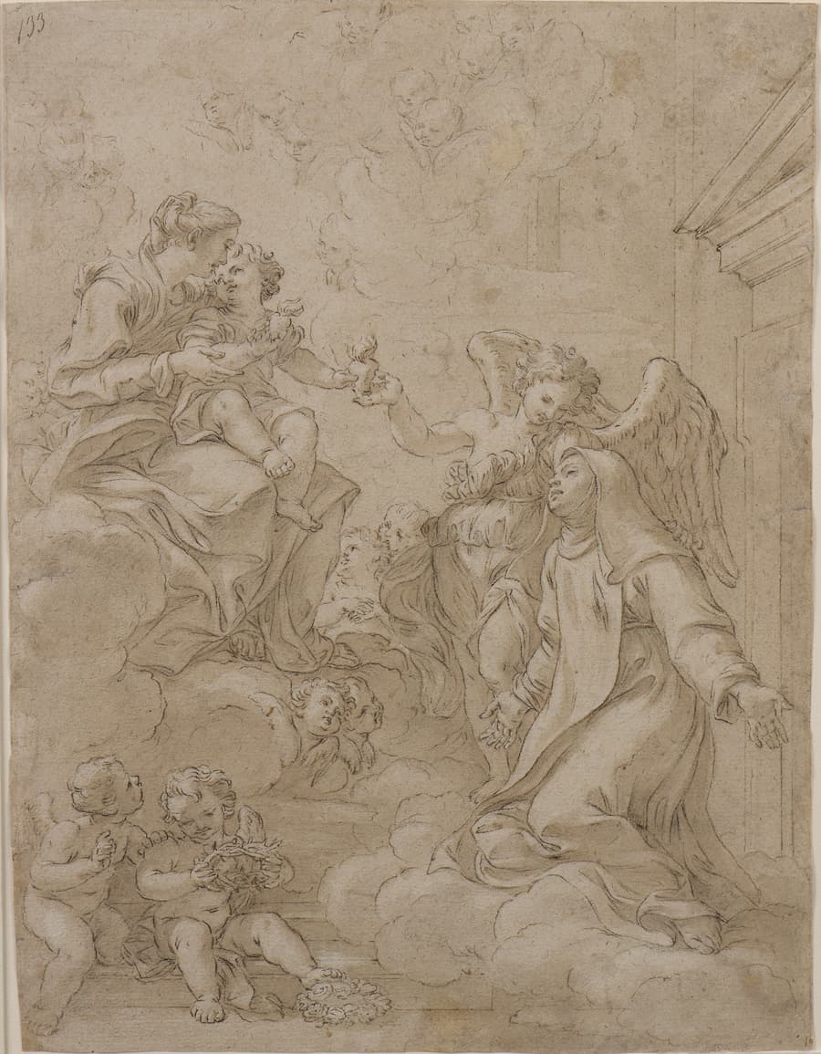 Giovanni Battista GAULLI, dit “BACICCIO”, dessin, La Vierge à l’Enfant et Sainte Marie Madeleine de Pazzi 
