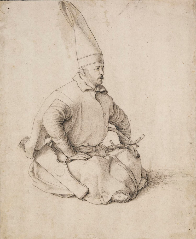 Gentile Bellini, Un janissaire turc, plume, encre noire, 215 x 172 mm; Londres, Birtish Museum, inv. Pp,1.19.