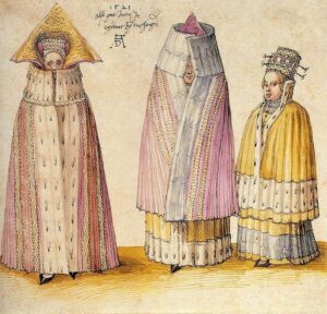 Albrecht Dürer, Costume d'hiver de trois dames de Livonie, plume, encre brune, aquarelle, 183 x 194 mm; Paris, Musée du Louvre, inv. 21 DRr.