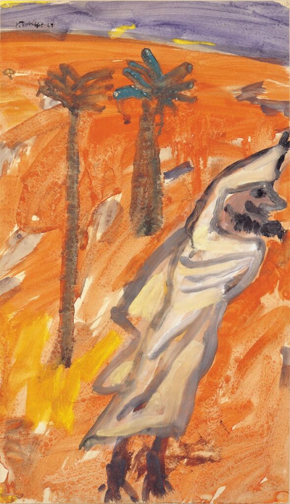 Jean DUBUFFET Le burnous au vent Peinture à la colle sur papier 44,5 x 25,5 cm El Goléa, janvier-avril 1948 Coll. Fondation Dubuffet, Paris © Fondation Dubuffet / ADAGP, Paris