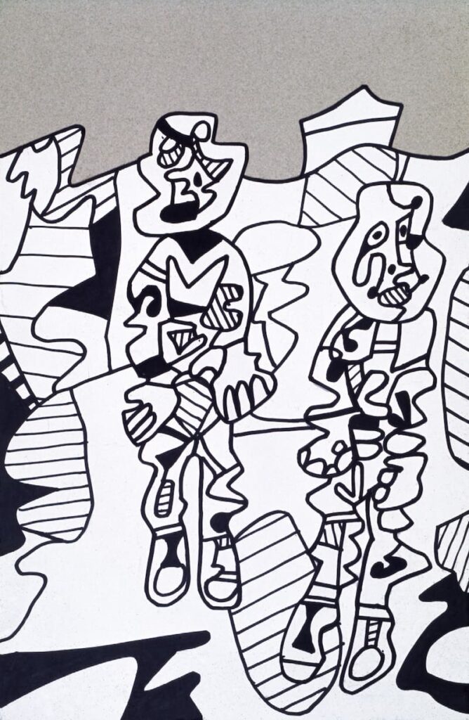 Jean DUBUFFET Territoire aux deux promeneurs Marker (noir) sur papier (éléments découpés et collés sur papier gris) 50x32,5cm 6 juillet 1974 Coll. Fondation Dubuffet, Paris © Fondation Dubuffet / ADAGP, Paris
