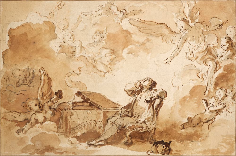 Jean-Honoré Fragonard, L'inspiration de l'artiste, vers 1761-73, plume et encre brune et lavis sur craie noire dans des lignes d'encadrement à la plume et à l'encre brune, 230 x 349 mm, collection Katrin Bellinger.