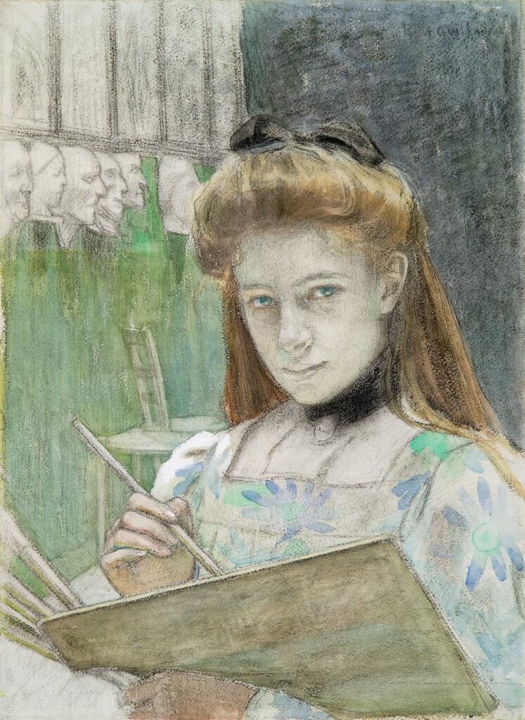Rose-Marie Guillaume, Une femme peintre dans l'atelier de l'Académie Julian, Paris, années 1890 (?), craie noire, aquarelle, gouache, 610 x 440 mm, collection Katrin Bellinger.